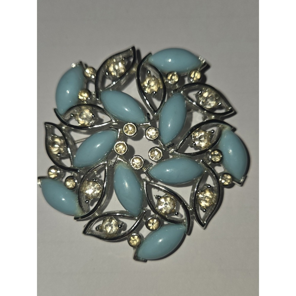 50s Vintage Jewels by Bogoff Sky Blue Brooch Glass Cabochon Rhinestone Rhodium